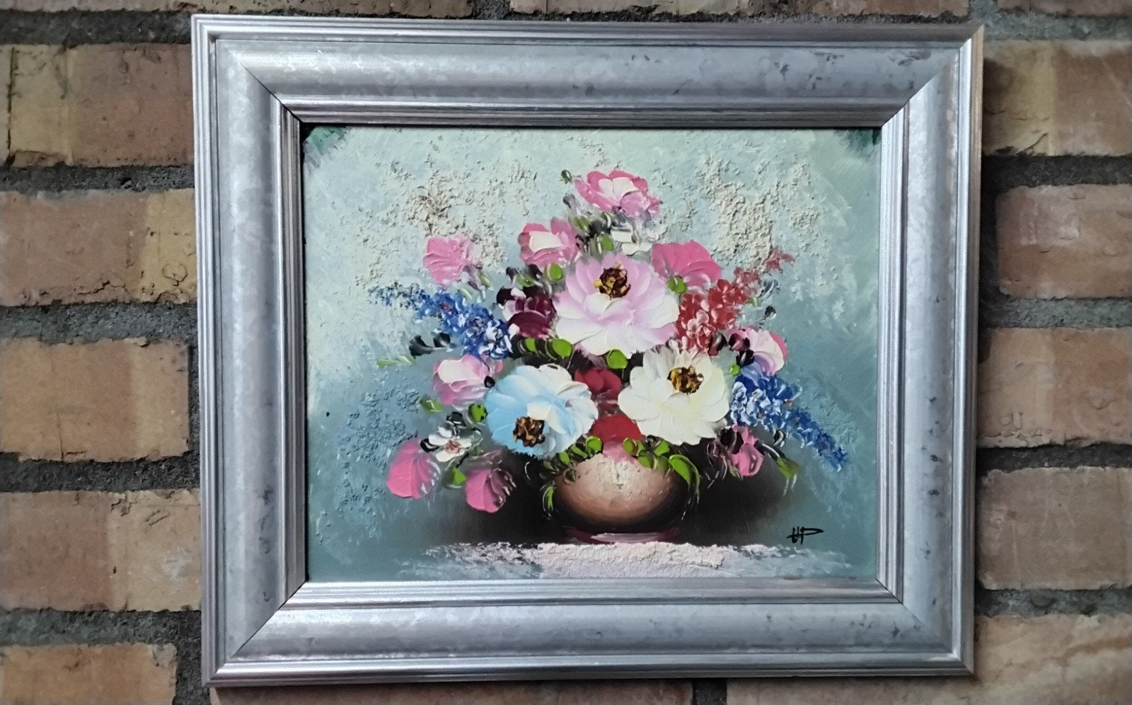 Gesigneerd stilleven bloemen, 32,5 x 27,5 cm, Ophalen, Gesigneerd, Stilleven
