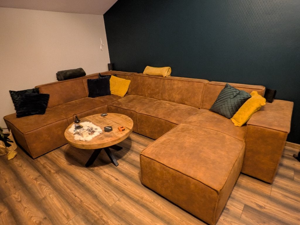 Leren bank cognac, Huis en Inrichting, Ophalen, Hoekbank, 300 cm of meer, Zo goed als nieuw