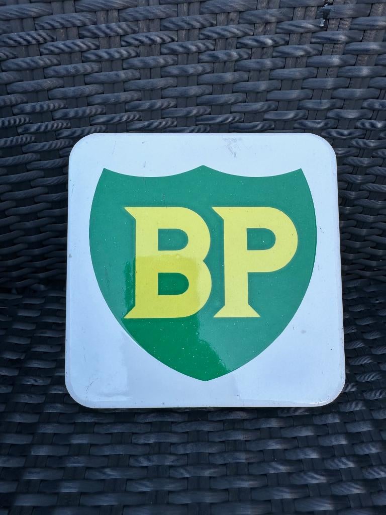 Mooi origineel emaille BP bord. Bordje oliemandje., Verzamelen, Ophalen of Verzenden, Gebruikt, Reclamebord