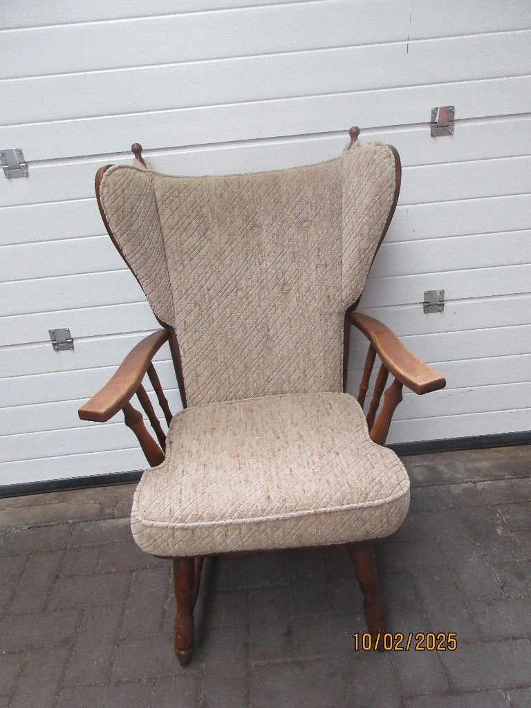 leunstoel- seniorenstoel bekleding is beige-bruin gemêleerd, Huis en Inrichting, Ophalen, Gebruikt, Bruin, Stof
