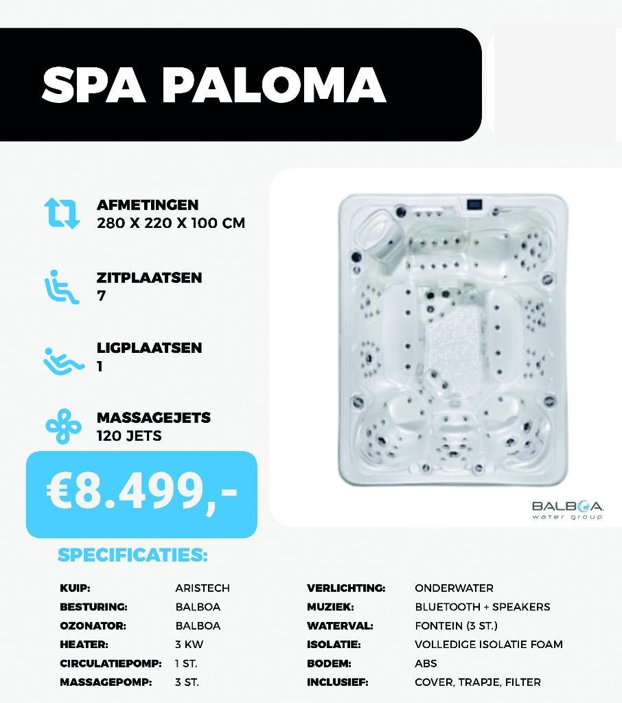 Spa Paloma – 8 persoons jacuzzi – 280x220x100cm – 120 jets!, Ophalen, Nieuw