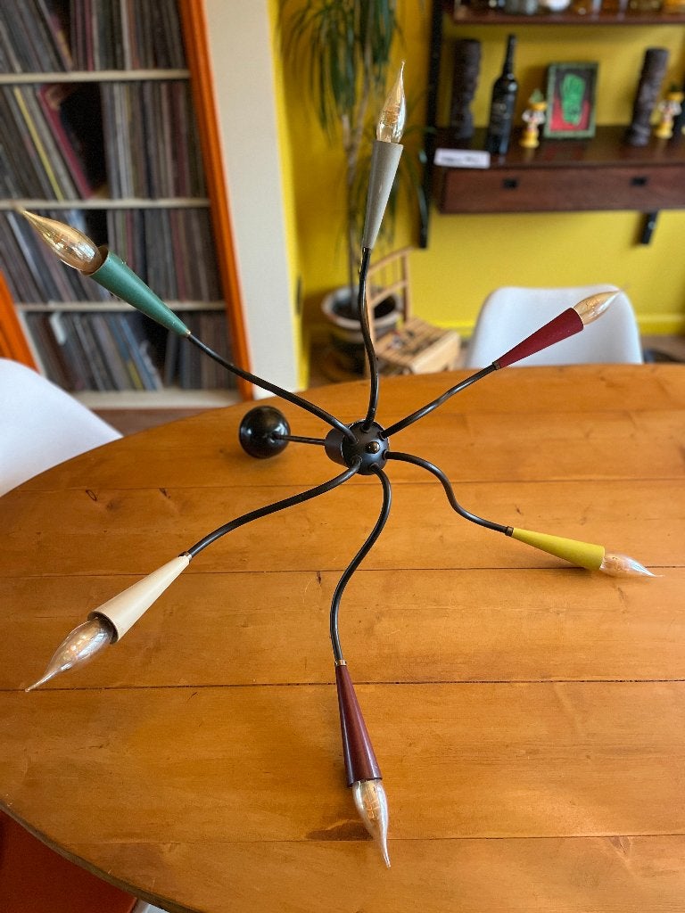 Jaren 50/60 Sputnik Spider Lamp - 87cm Diameter, Gebruikt, E14 (klein), Ophalen of Verzenden, Metaal