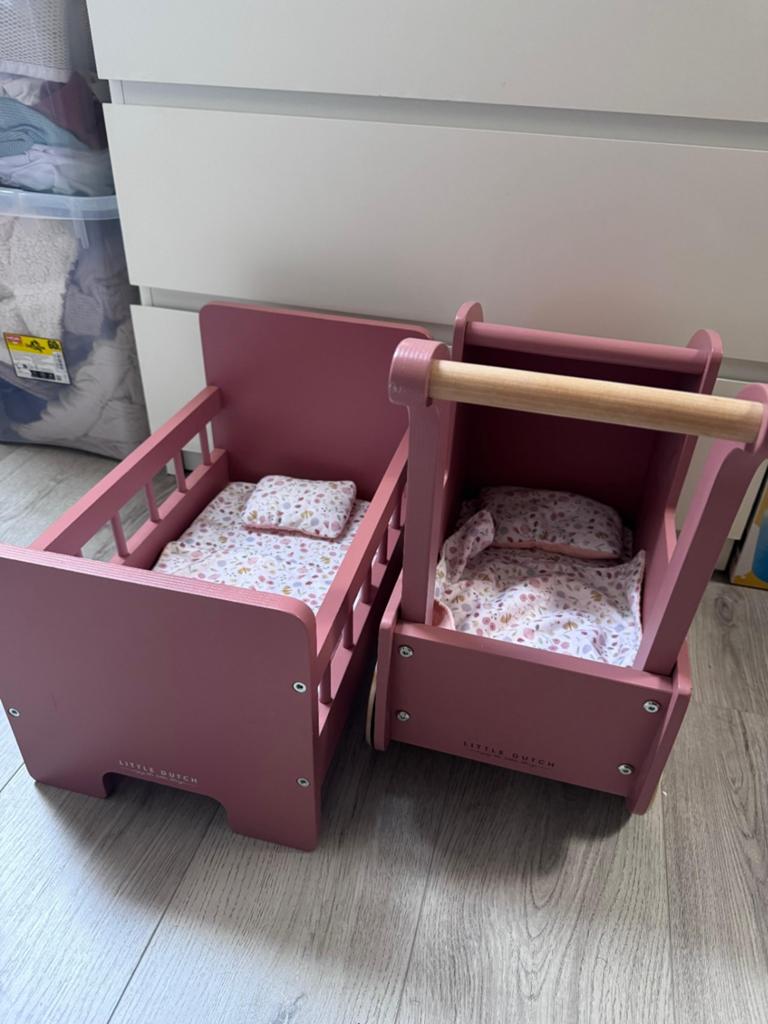 Little Dutch Poppenwagen en Poppenbedje Roze, Ophalen
