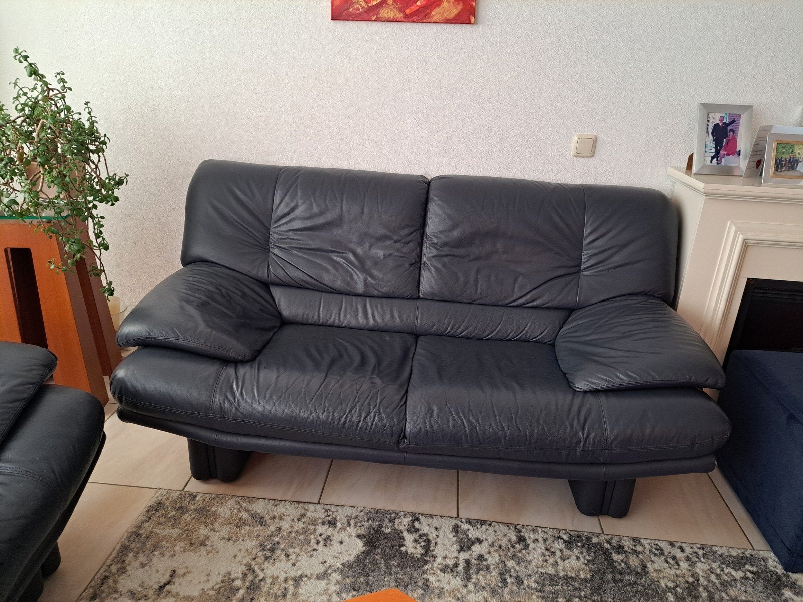 Comfortabele Italiaans blauw leren 2 en 3 zitsbank, Ophalen, Gebruikt, Rechte bank, Italiaans