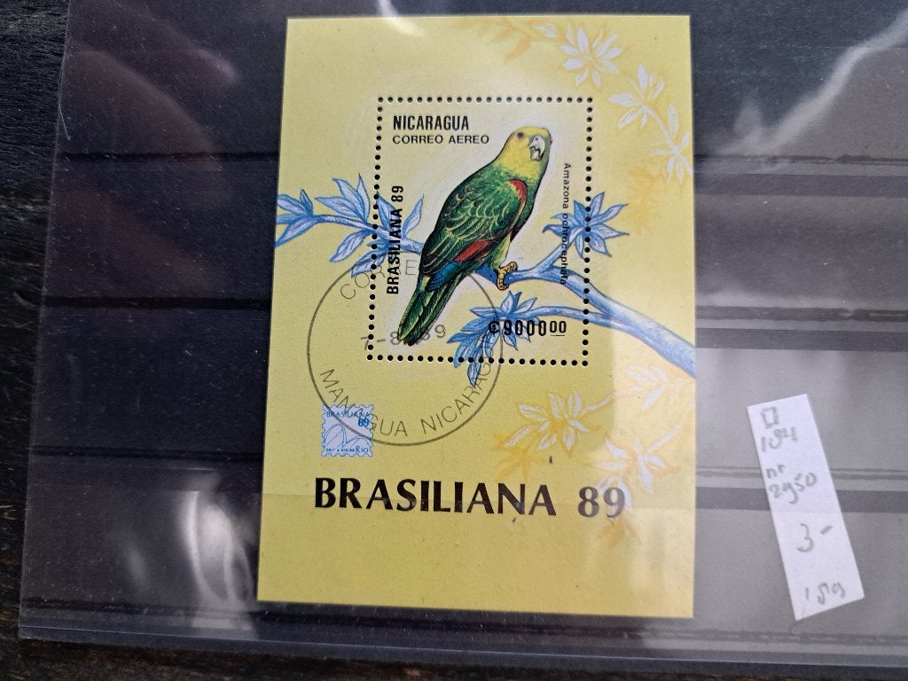 blokje Nicaragua papagaai. Brasiliana 89 gestempeld zie foto, Ophalen of Verzenden, Gestempeld, Dier of Natuur