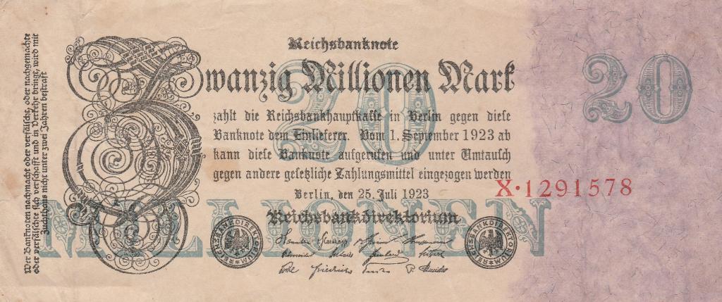 Bankbiljet van 20 miljoen mark (1923)Duitsland, Ophalen of Verzenden, Duitsland, Los biljet