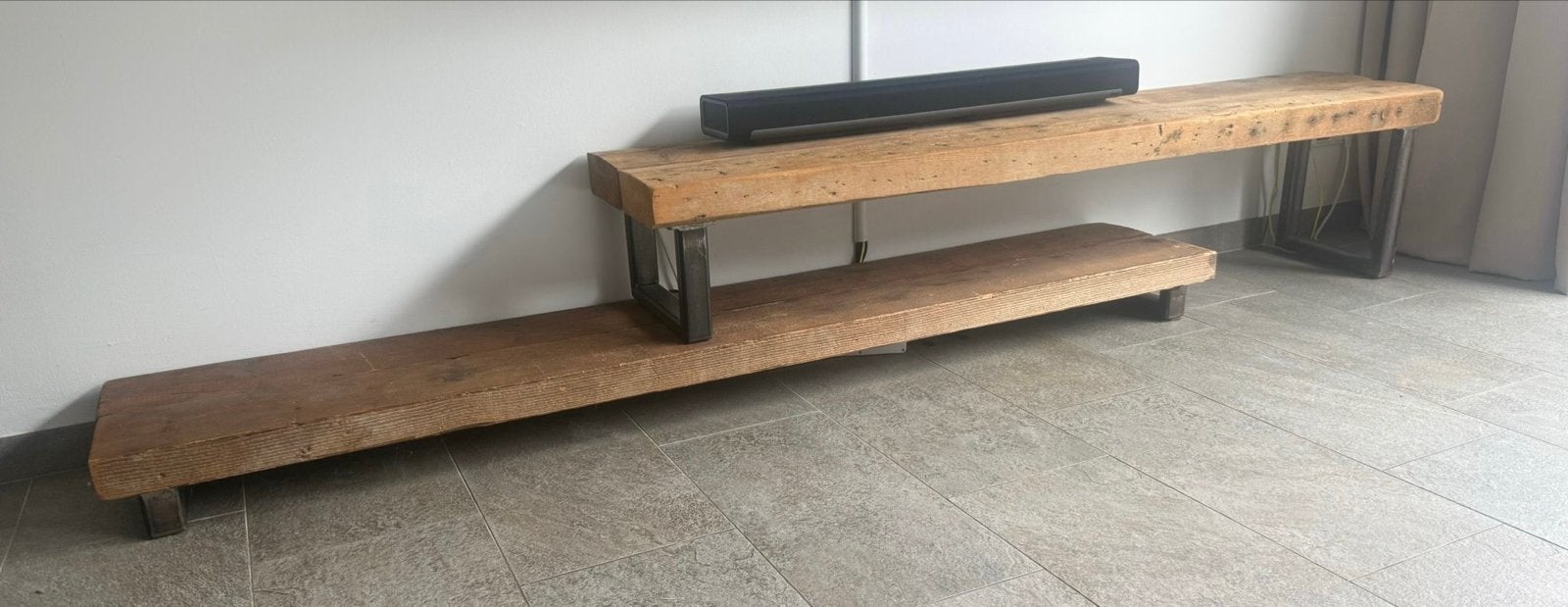 Robuust houten tv-meubel, Ophalen, 200 cm of meer, Minder dan 100 cm, 25 tot 50 cm