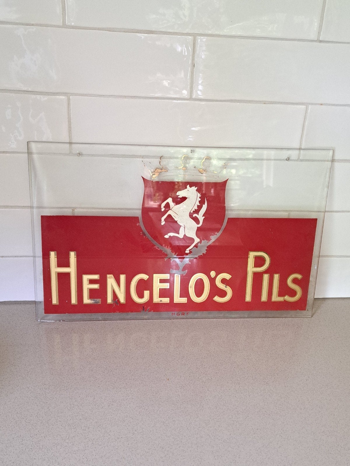 Oude reclame glasplaat hanger Hengelo pils jaren 60., Ophalen of Verzenden