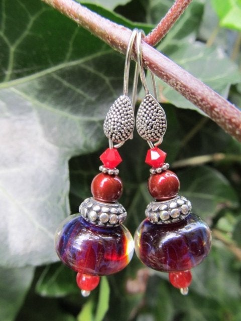Oorbellen Leandra glas rondel-swarovski zilver, Hangers, Nieuw, Rood, Zilver