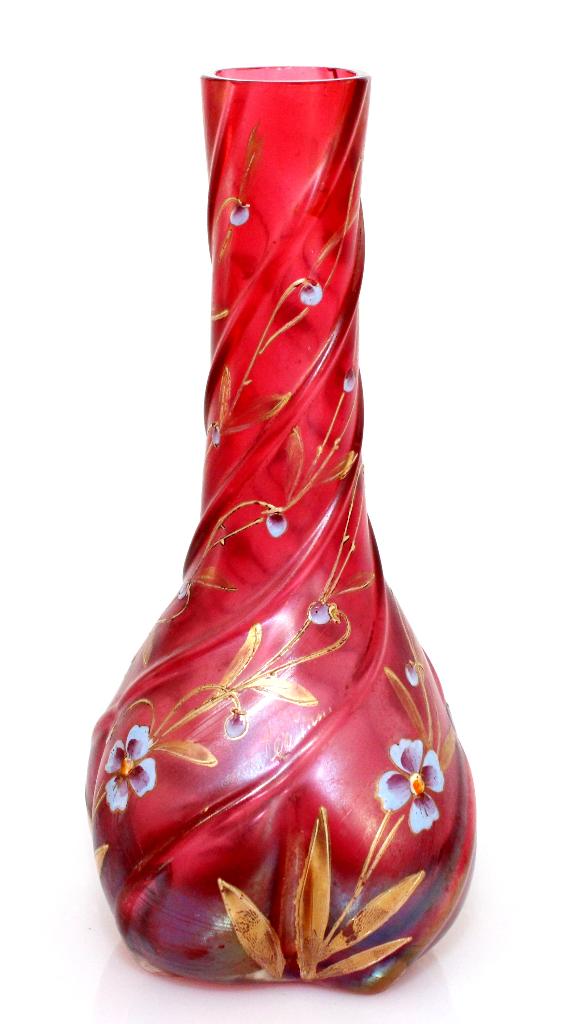 Schitterende Boheemse Geschilderde Cranberry Vaas Ca 1920, Antiek en Kunst, Antiek | Glas en Kristal, Ophalen of Verzenden