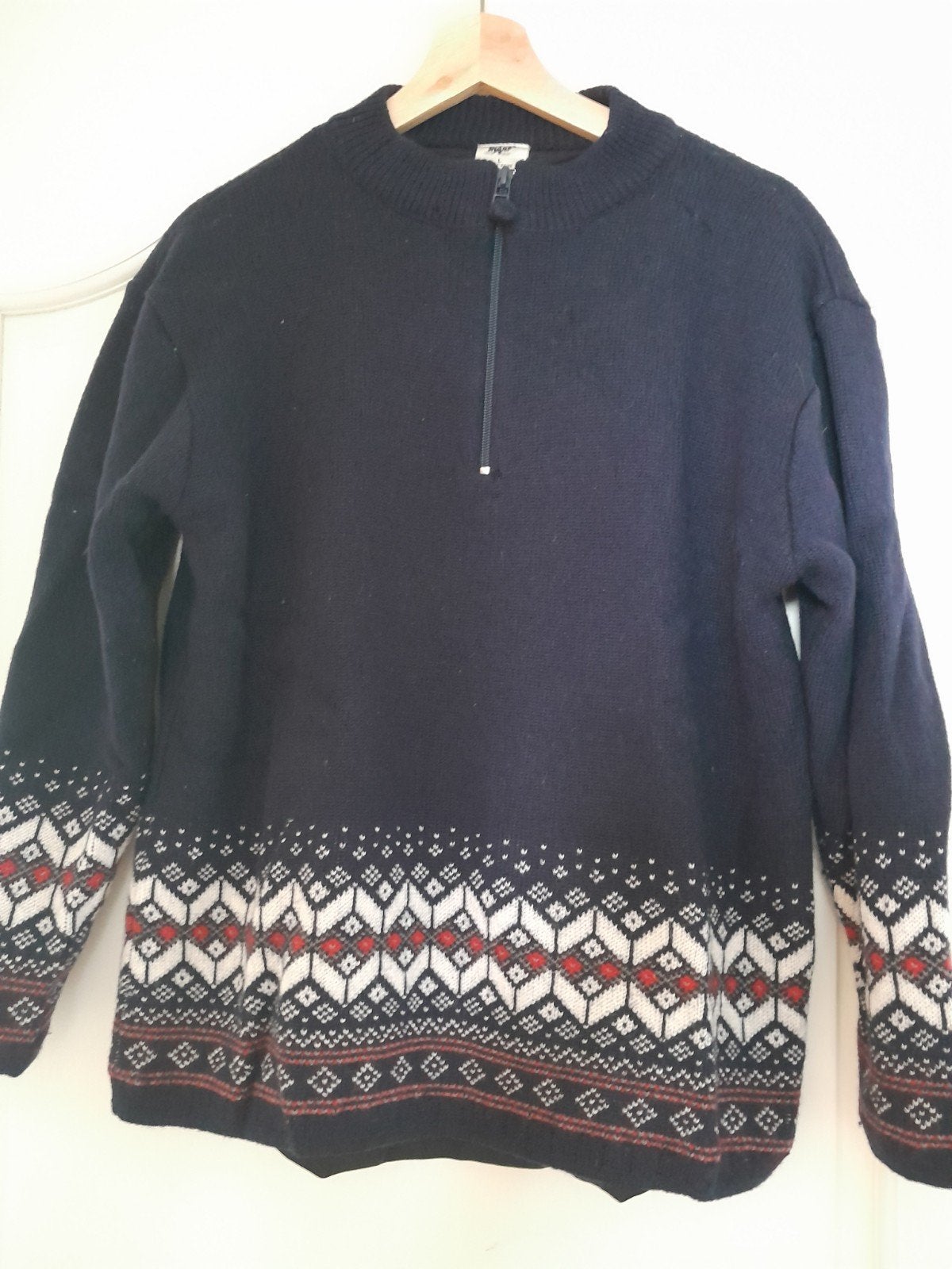 Warme gebreide trui met Noorse print en rits, Maat 52/54 (L), Blauw, SHAMP, Ophalen of Verzenden