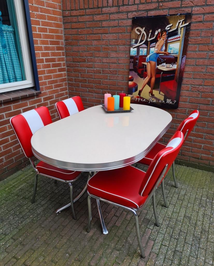 FIFTIES SIXTIES BEL AIR DINER STOELEN MET TAFEL AMERIKAANS, Ophalen, Overige kleuren, Overige materialen, Vijf, Zes of meer stoelen