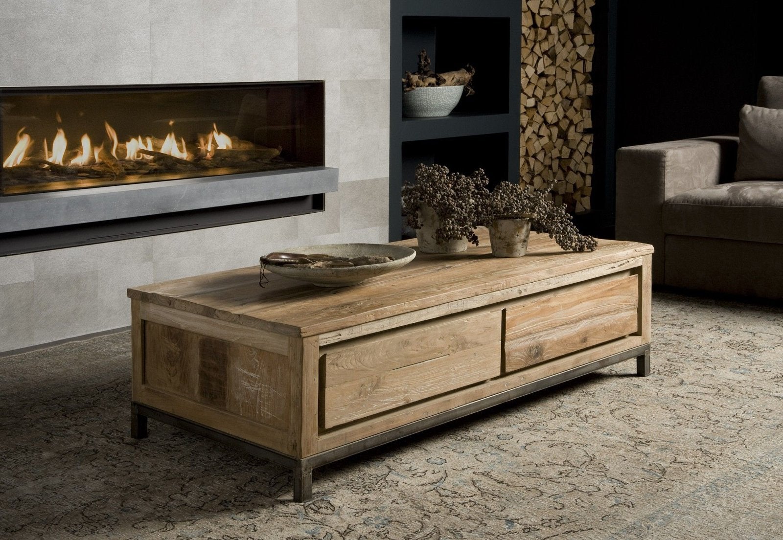Venetië Salontafel met 4 Laden - Gerecycled Teak & Staal, Ophalen, Gebruikt, 50 tot 100 cm, 100 tot 150 cm