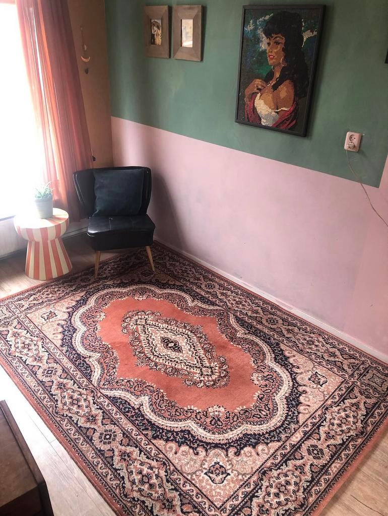 Vintage perzisch tapijt, wol, terra zachtgroen, vloerkleed, 200 cm of meer, Ophalen of Verzenden, Zo goed als nieuw, Rechthoekig
