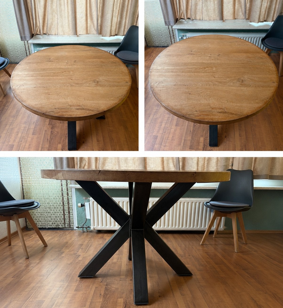 Massief Eiken Ronde Eettafel met Zwart Metalen Onderstel, Ophalen, Gebruikt, 50 tot 100 cm, 100 tot 150 cm