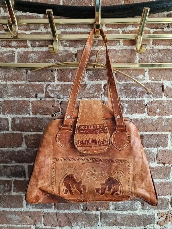 Leren Handtas Sri Lanka Olifanten Vintage Cognac, Sieraden, Tassen en Uiterlijk, Tassen | Damestassen, Handtas, Bruin, Ophalen of Verzenden