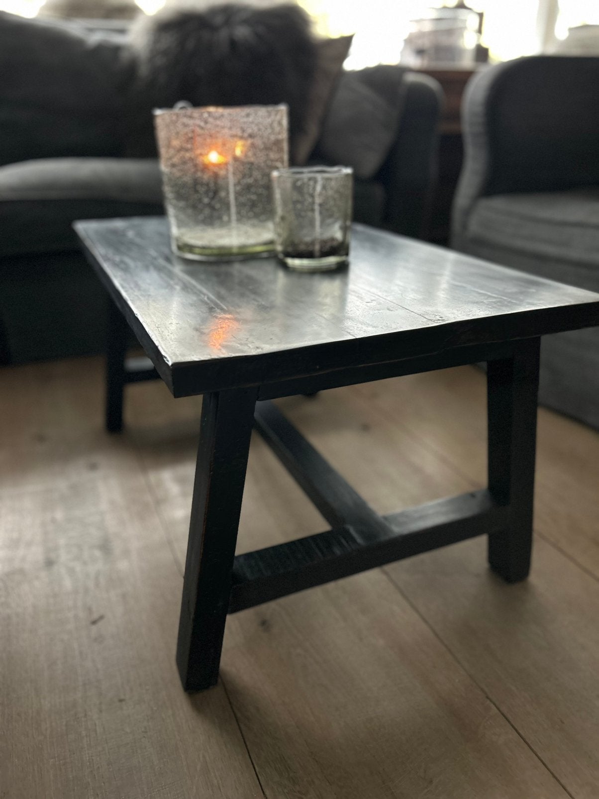 Klein zwart teakhouten salon tafeltje bijzettafel bankje, Ophalen
