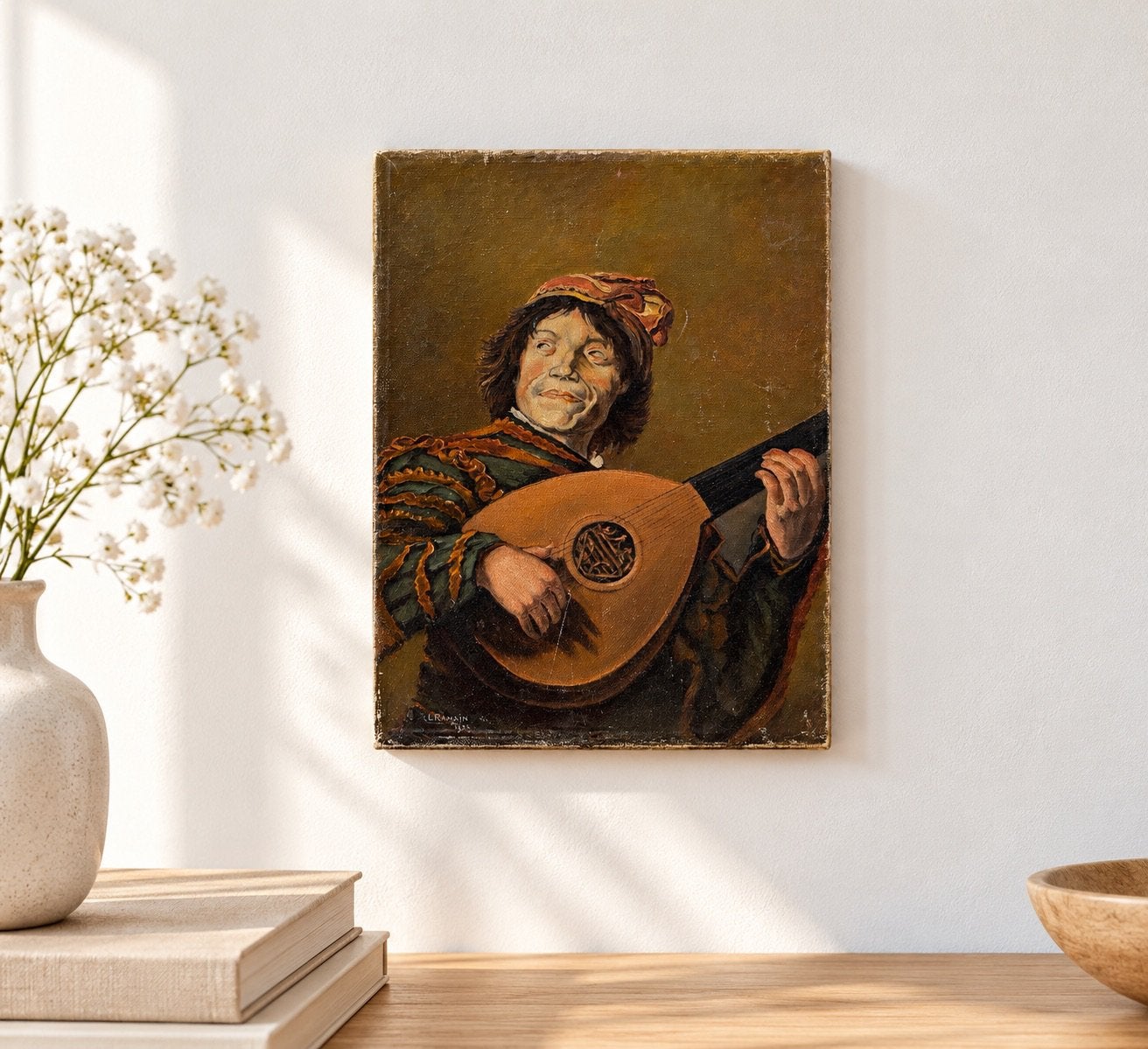 Antiek olieverf schilderij portret man met gitaar op linnen, Portret of Personen, Oud hollands, Olieverf, Gesigneerd