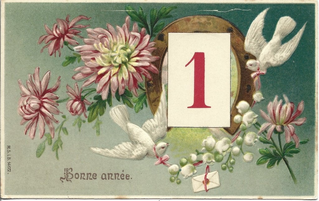 Antiek*Gelukkig Nieuwjaar*Duif*Hoefijzer*Aster*Lelietje, Ophalen of Verzenden, Voor 1920, Gelopen, Feest(dag)