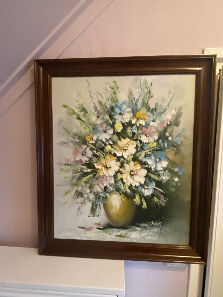 Mooi bloemen schilderij. Jonk, Antiek en Kunst, Bloemen, Doek, Ophalen of Verzenden, Olieverf