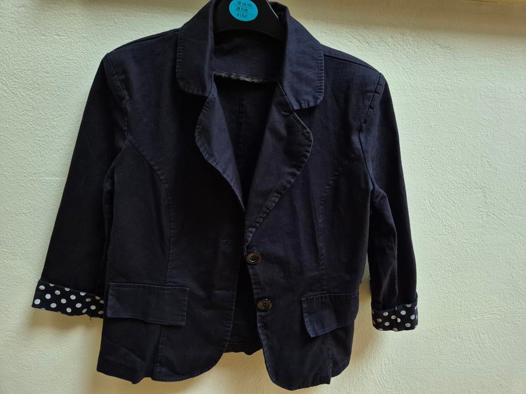 Kort donkerblauw jasje met 3/4 mouw en stippen, Ophalen of Verzenden, Zo goed als nieuw, Maat 36 (S), Blauw