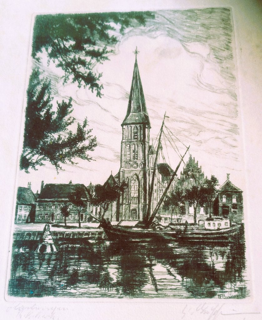 Ets van de R.K. kerk te Harlingen, Ophalen of Verzenden, Stadsgezicht, Ets, 1900 - 1949