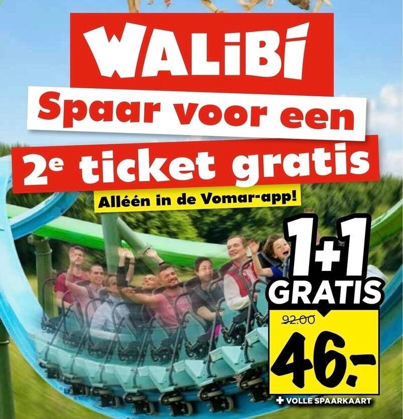 Walibi 2e ticket gratis Vomar Code, Tickets en Kaartjes, Drie personen of meer, Kortingskaart