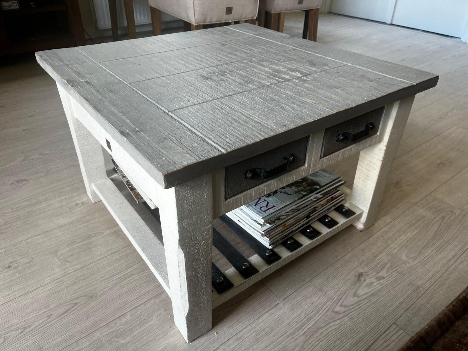 Riviera Maison Salontafel met lades en opbergruimte, Ophalen, Gebruikt, 100 tot 150 cm, Vierkant