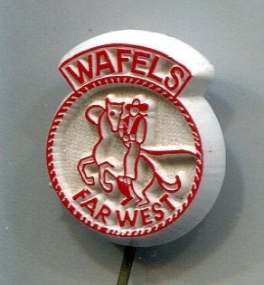 Wafels Farwest rood op wit plastic speldje ( L_013), Verzenden, Zo goed als nieuw, Merk, Speldje of Pin