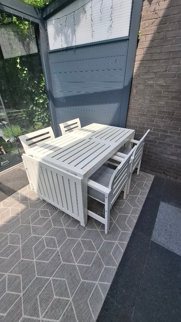 Tuintafel wit met 4 stoelen+kussens, Ophalen, Zo goed als nieuw, Rechthoekig, Hout