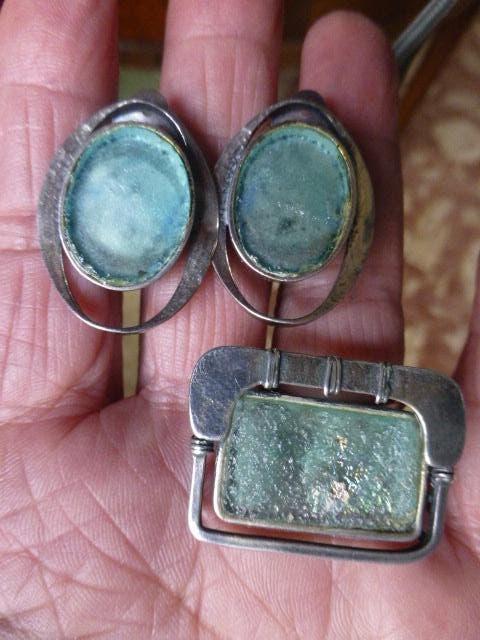 Zilveren set Hanger/Broche + Oorbellen Antiek Romeins Glas, Verzenden, Zilver, Overige typen