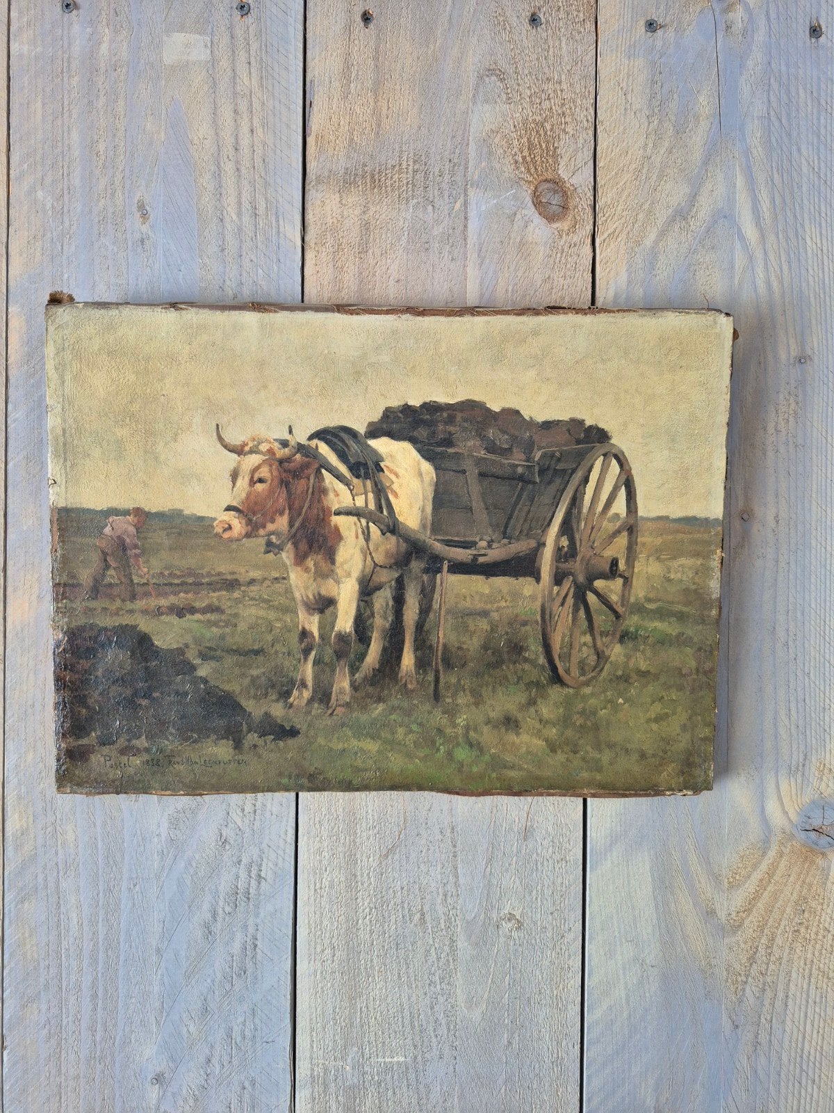 Schilderij " Os met turf kar " van: Frans van Leemputten., Verzenden
