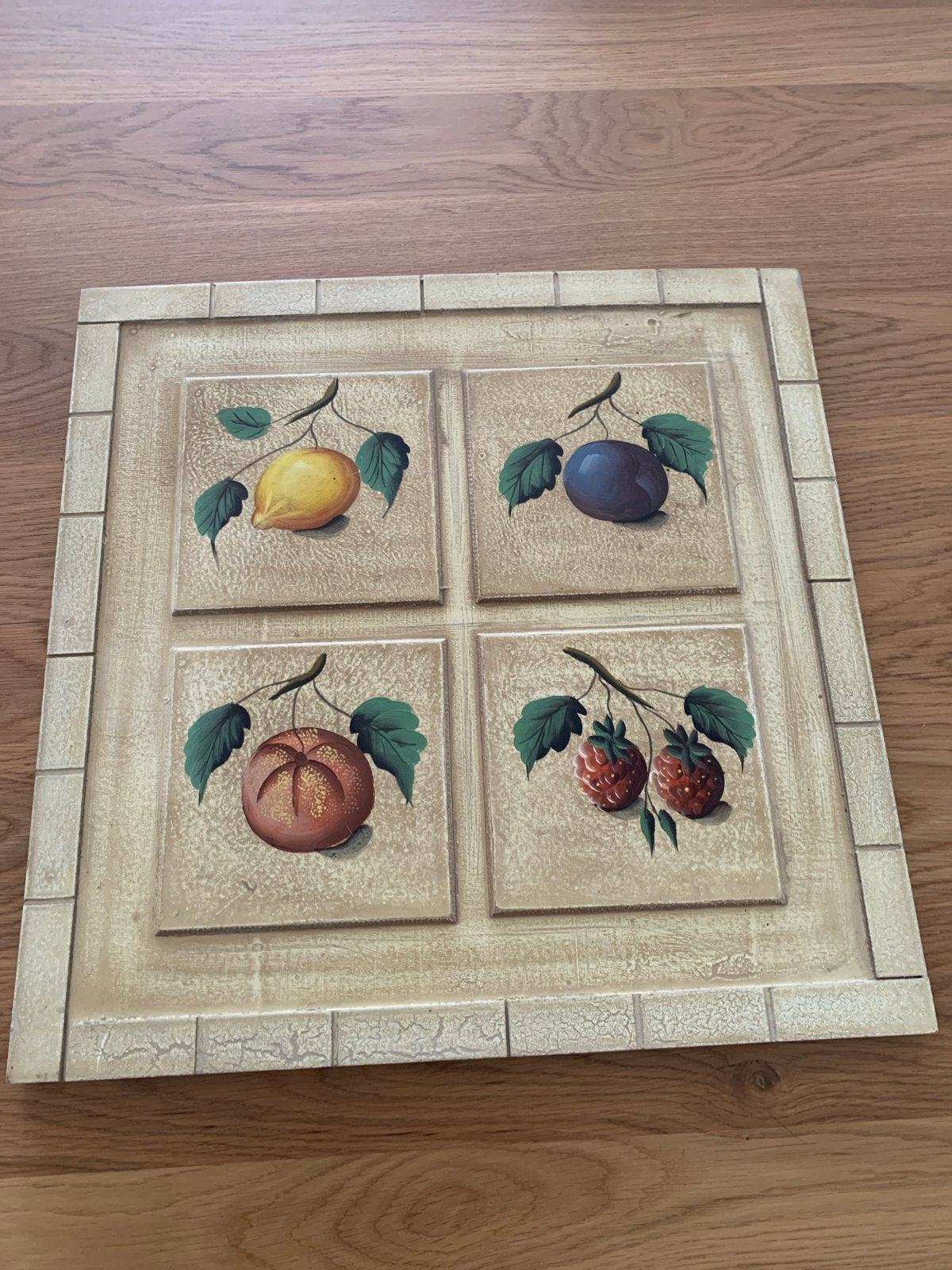 Vintage Wanddecoratie met Fruitmotief - Hout en Keramiek, Gebruikt, Hout, Ophalen of Verzenden, Met ophangsysteem