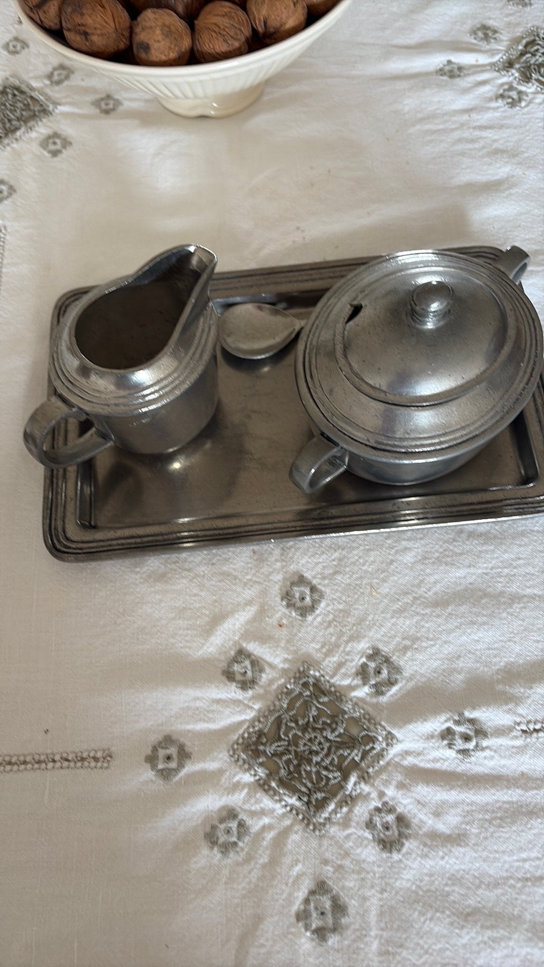 Tinnen roomstel, Huis en Inrichting, Woonaccessoires | Dienbladen, Ophalen of Verzenden, Zo goed als nieuw, Overige vormen, Metaal