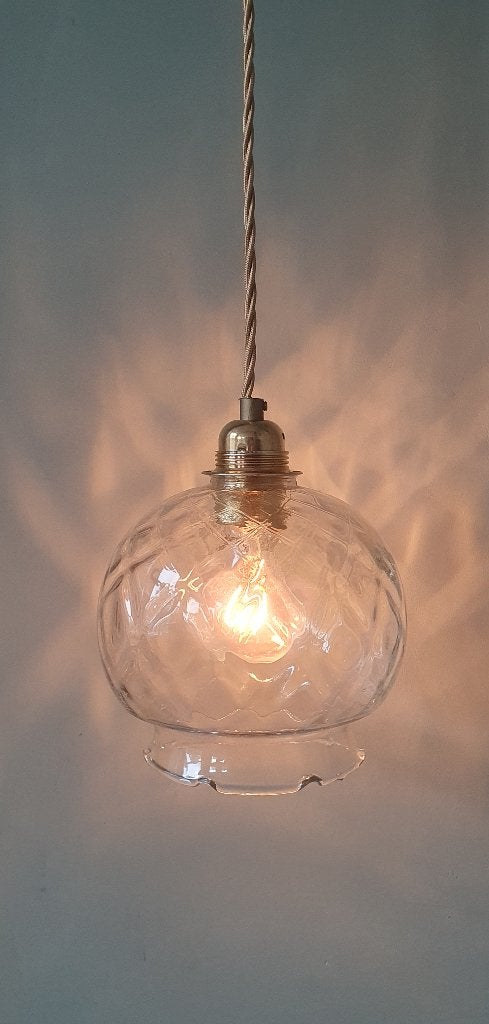 Vintage transparante hanglamp met zachte bubble textuur, Zo goed als nieuw, Glas, E27 (groot), Vintage, hollywood regency
