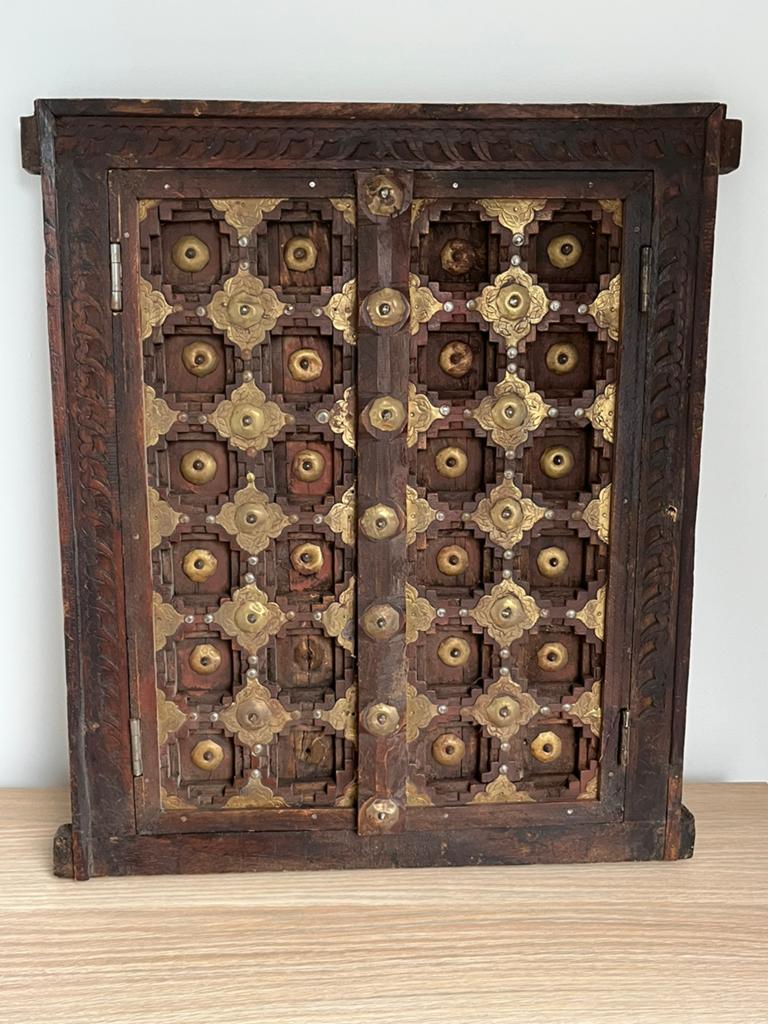 Authentiek Handgesneden Jharokha Wandpaneel hout/koper India, Hout, Gebruikt, Boho, Ophalen of Verzenden