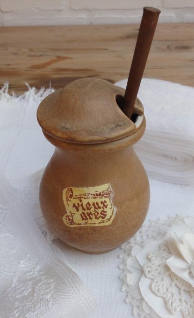 Vintage gres mosterdpotje + dekseltje & lepeltje, Vieux Gres, Antiek en Kunst, Curiosa en Brocante, Ophalen of Verzenden