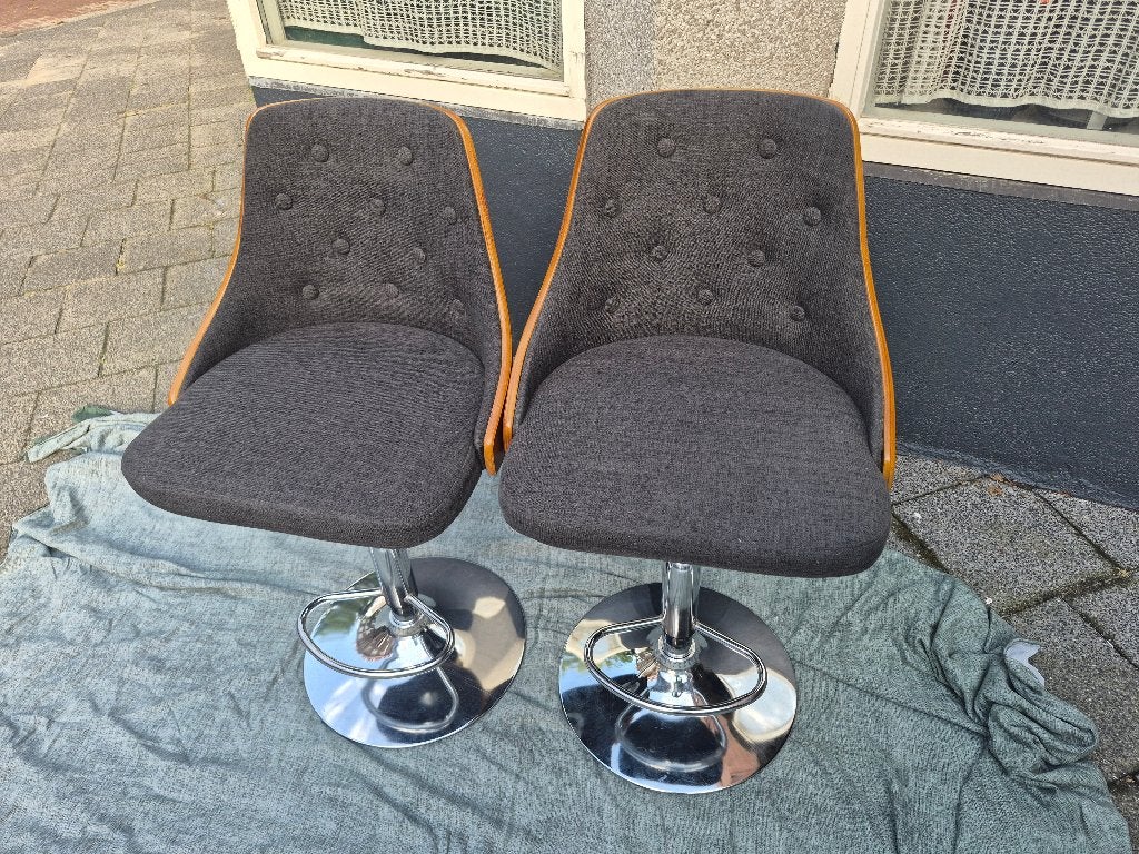 vidaXL, Barkrukken , 2  stuks gebogen hout , zachte zitting, Huis en Inrichting, Barkrukken, Ophalen, Gebruikt, 60 tot 90 cm, In hoogte verstelbaar