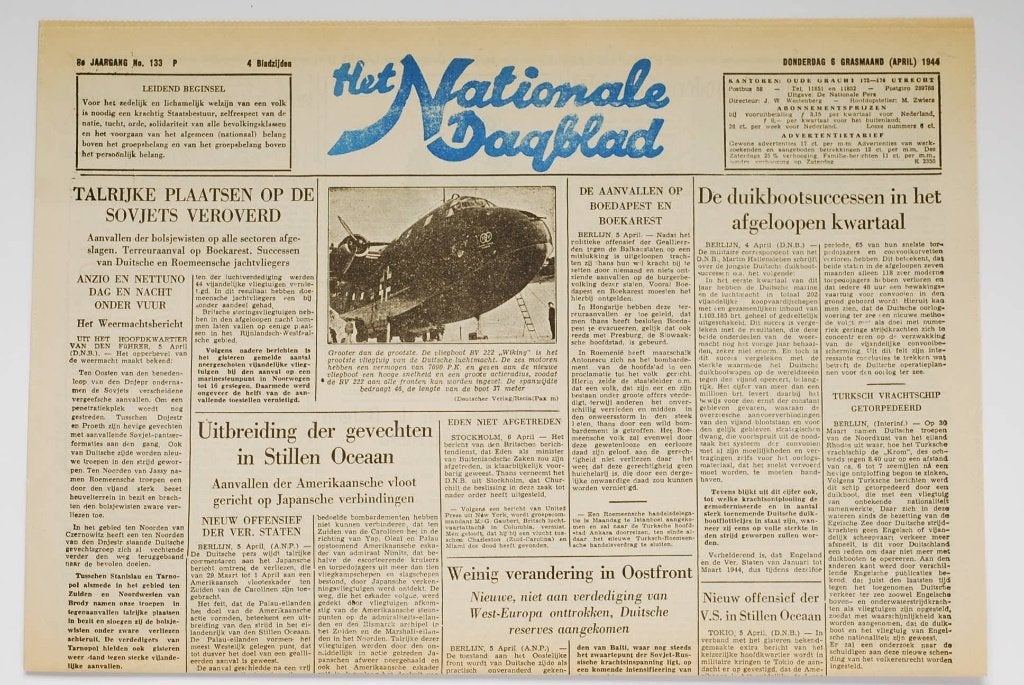 Nationale Dagblad 04-1944 herdruk krant Tweede Wereldoorlog, Verzamelen, Zo goed als nieuw, Verzenden, Amsterdam, Florence Uitgeverij