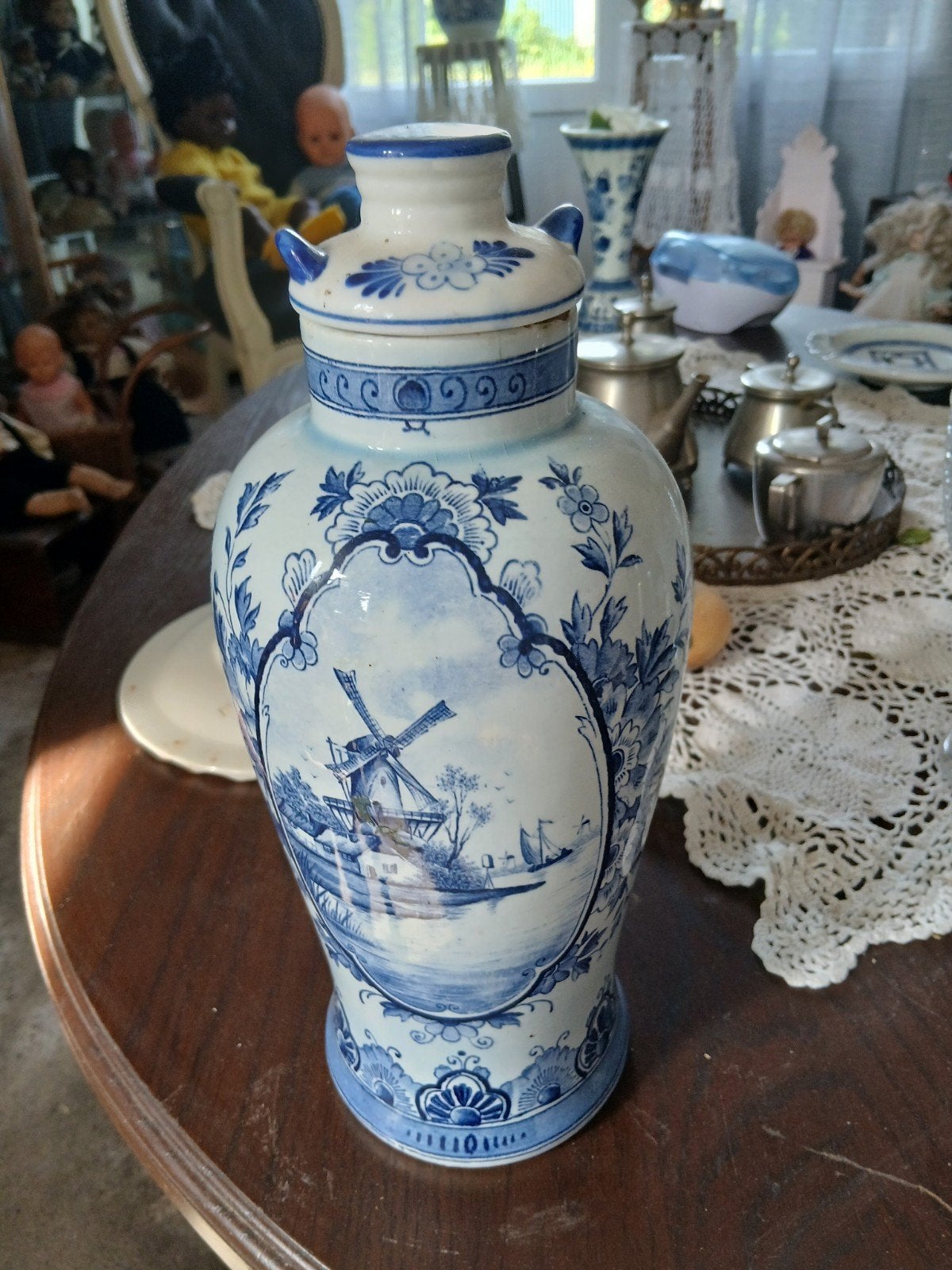 Antieke Delfts Blauwe Vaas met Molenlandschap, Antiek en Kunst, Antiek | Vazen, Ophalen of Verzenden