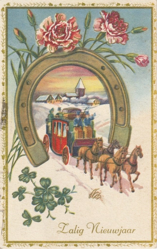 POSTKOETS HOEFIJZER KERST GOUDOPDRUK JAREN 40  KAART KN706, Verzamelen, Verzenden, 1940 tot 1960, Gelopen, Overige thema's