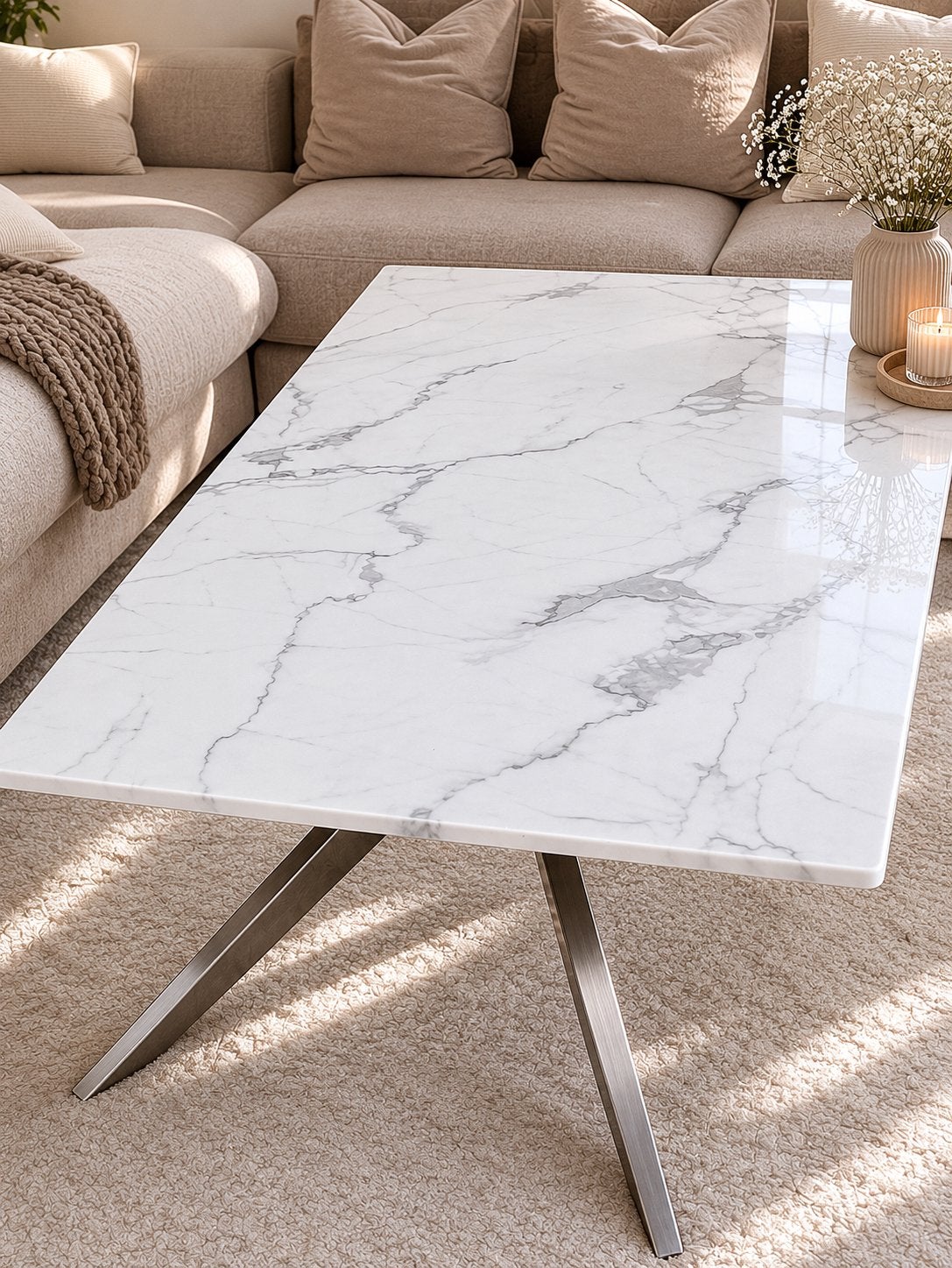 Wit grijs marmeren salontafel met zilveren poten, Ophalen, 100 tot 150 cm, 50 tot 100 cm, Minder dan 50 cm