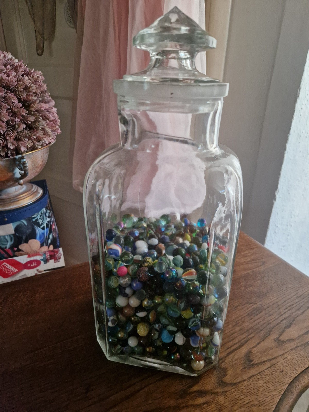 Glazen Apothekerspot met knikkers - Decoratief en speels, Ophalen, Gebruikt