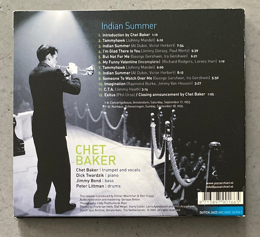Chet Baker - Indian Summer, Cd's en Dvd's, Ophalen of Verzenden, Zo goed als nieuw, Jazz, Digipak