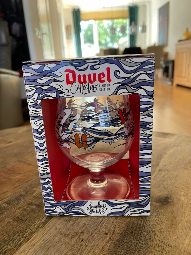 Duvel glas Franky Sticks, Verzamelen, Glas en Borrelglaasjes, Ophalen of Verzenden, Nieuw, Bierglas