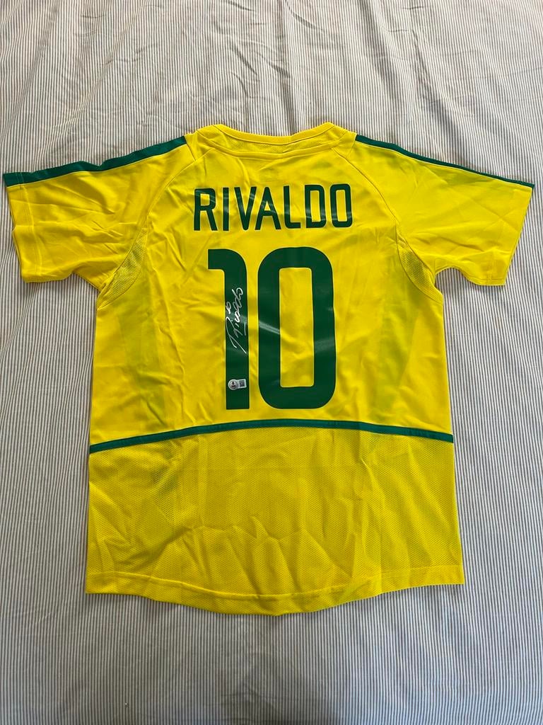 Gesigneerd Rivaldo Brazilië shirt - Maat M -Beckett Coa, Ophalen of Verzenden, Nieuw, Buitenlandse clubs, Shirt