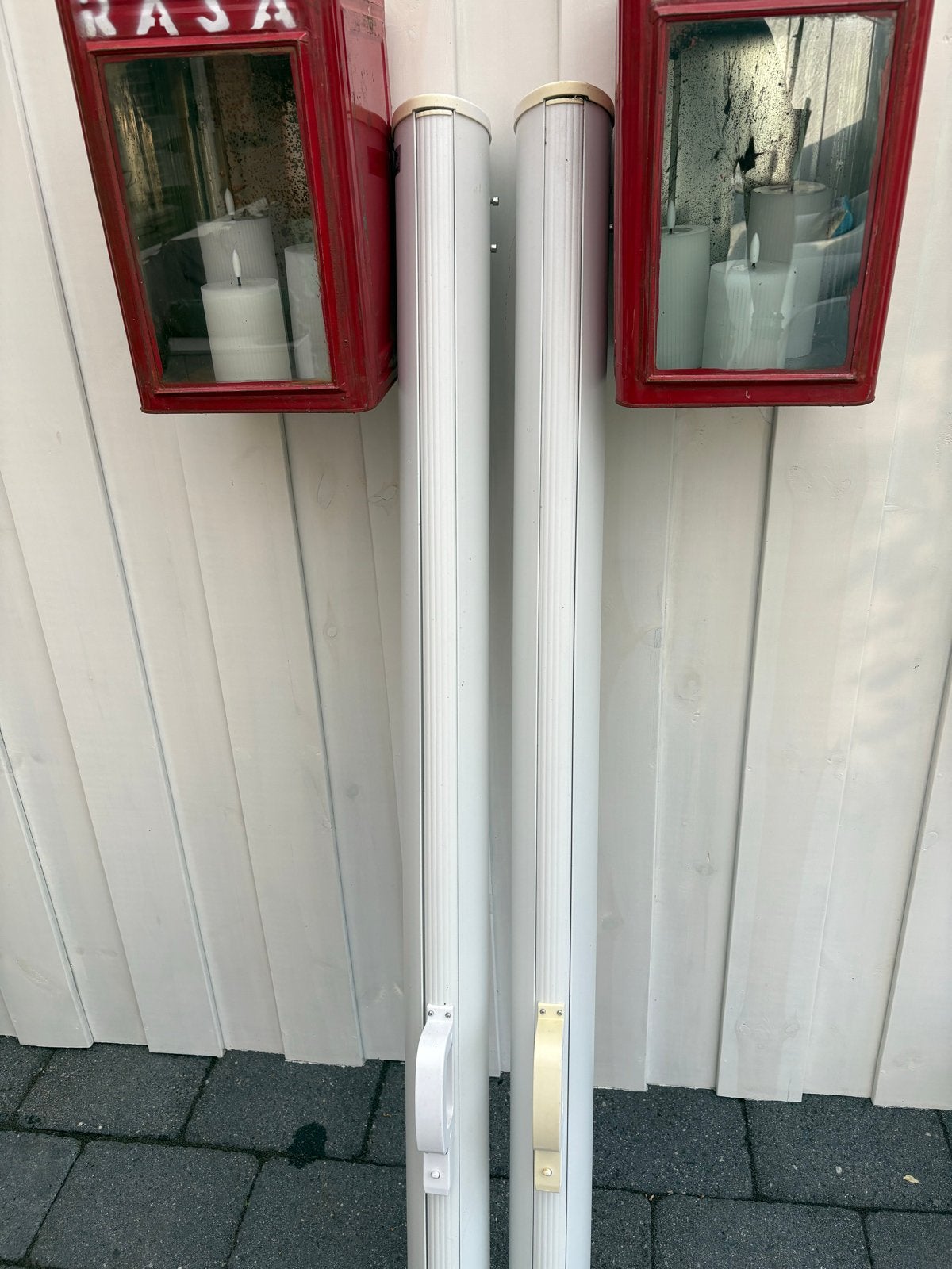 Uittrekbaar windscherm met witte cassette en taupe doek, Tuin en Terras, Ophalen, Zo goed als nieuw