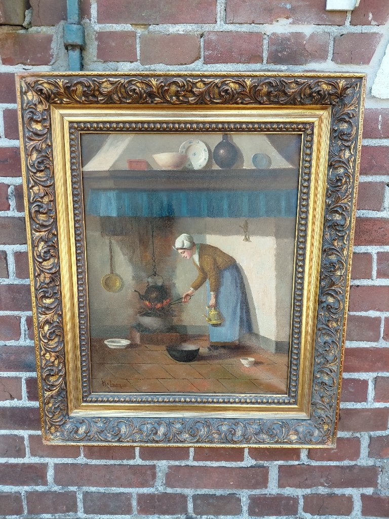 Schilderij Larens interieur vrouw bij vuur, H.van Langen., Antiek en Kunst, Ophalen, Doek, Portret of Personen, Bijzondere lijst