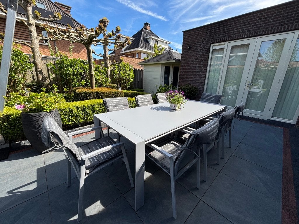 Tuintafel aluminium met 8 stoelen, Ophalen, Zo goed als nieuw, Rechthoekig, Aluminium