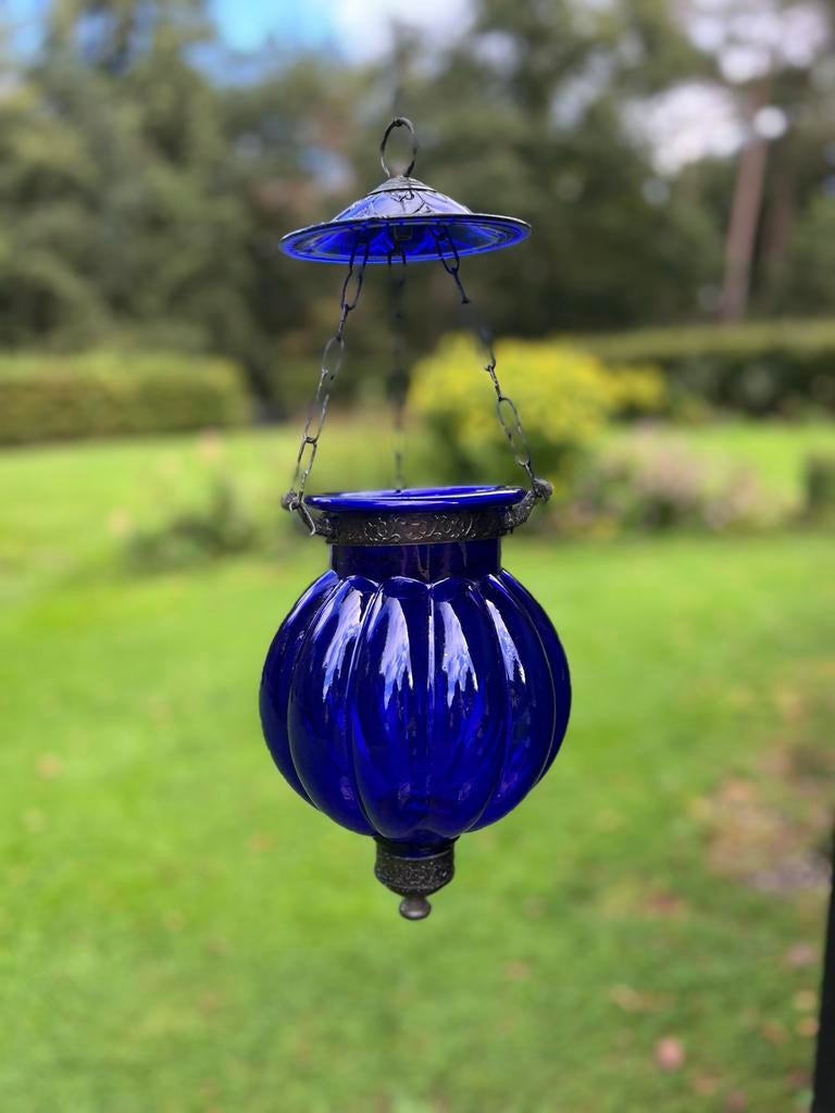 Vintage Blauwe Glazen Pompoen Lantaarn tuindecoratie, Ophalen of Verzenden